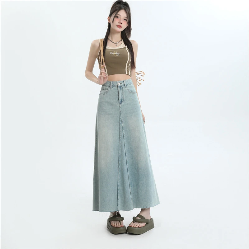 byt8602韩版高腰宽松显瘦牛仔裙女2025夏季新款遮肉垂感A字长裙