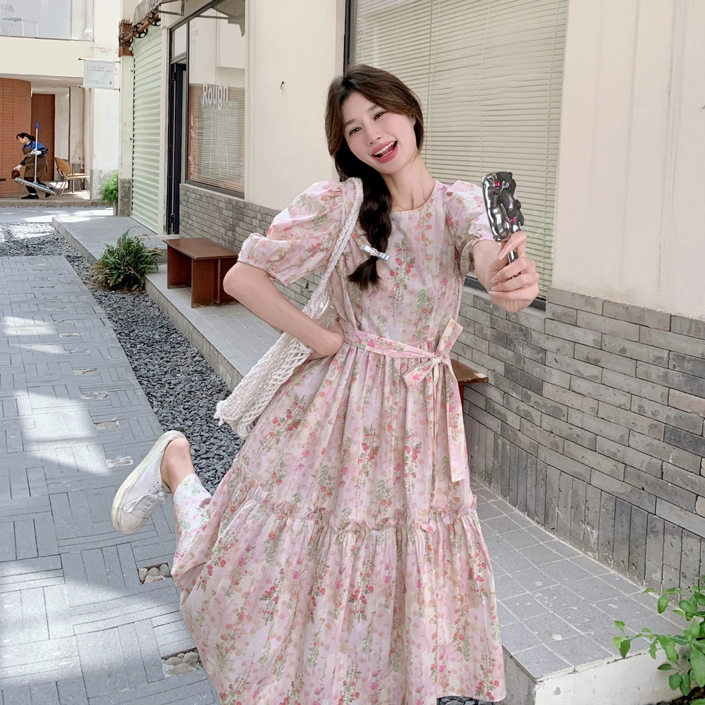 粉色印花连衣裙夏季女2025新款韩系甜美泡泡袖收腰温柔风A字长裙