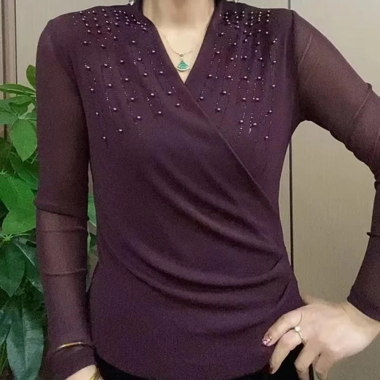 2025早春秋新款上衣时尚V领串珠修身设计感女士洋气小衫上衣
