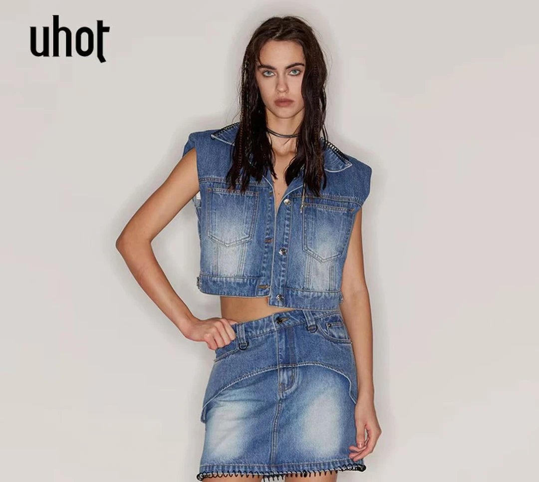 UHOT 蓝色复古水洗百搭时尚立体解构式牛仔短裙品质女装UWFR1Q225