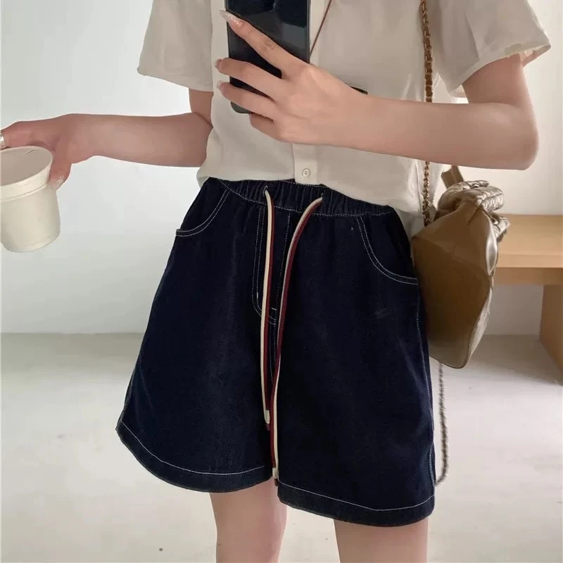 【双色抽绳牛仔短裤】超好穿百搭丹宁蓝阔腿宽松中高腰牛仔短裤女夏