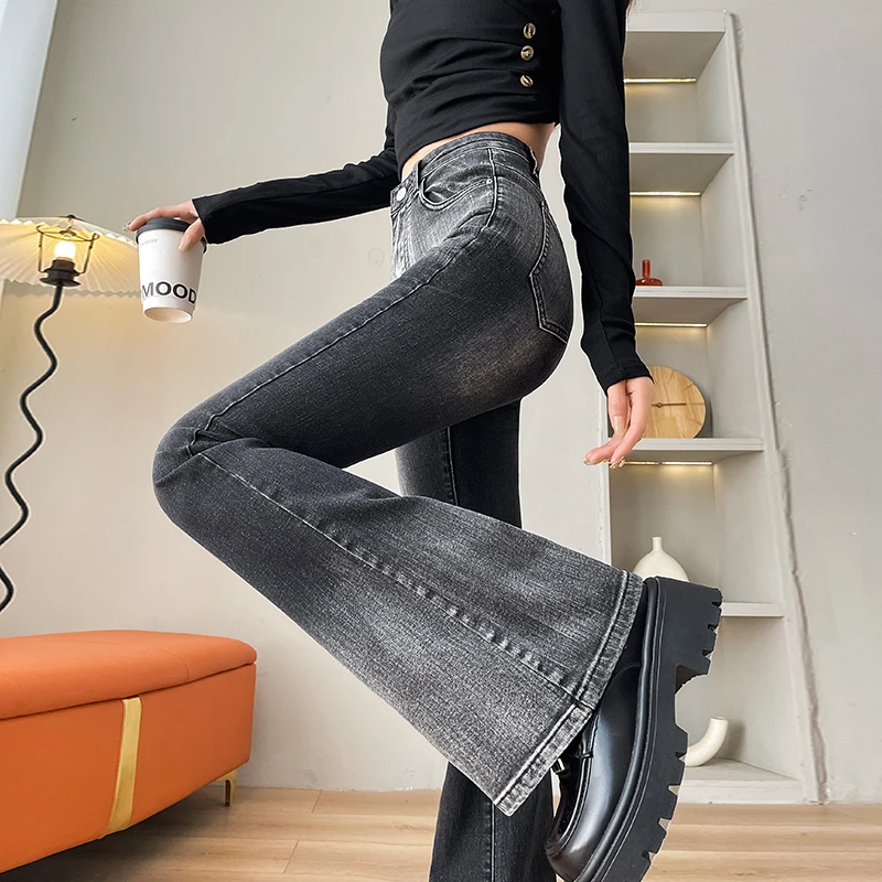 渐变黑灰喇叭牛仔裤女弹力长裤春秋季新款修身弹力显瘦马蹄裤子潮