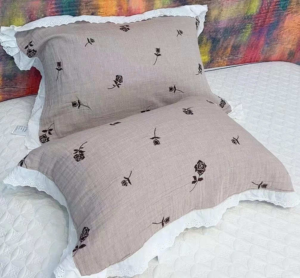 52*75 （咖玫瑰）纯棉花边a类柔软透气家用纱布加大枕巾一对