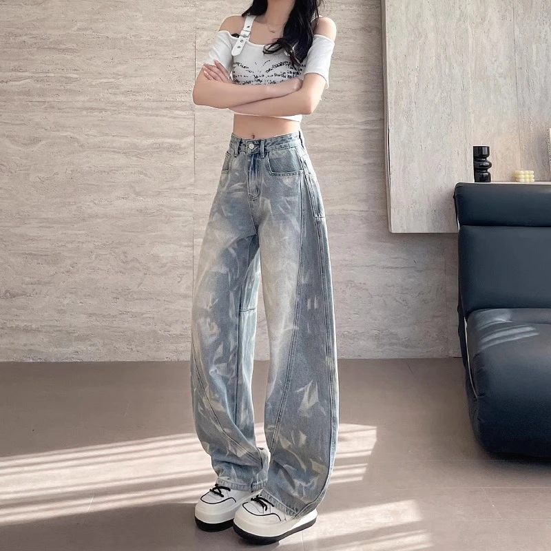 重工扎染阔腿牛仔裤女2025春夏新款设计感直筒宽松显瘦拖地香蕉裤