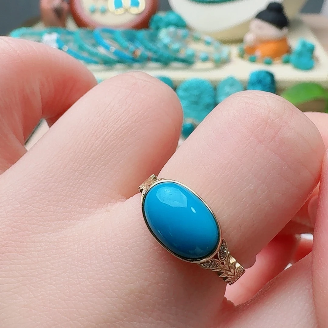 绿松石18K金镶嵌高瓷玉化蓝女款马鞍戒