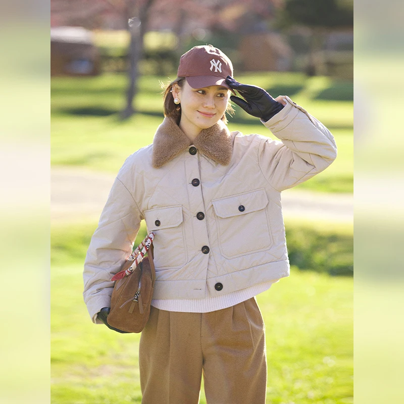 WinnieTang巴恩风可拆卸毛领手工切格填充短款棉服夹克