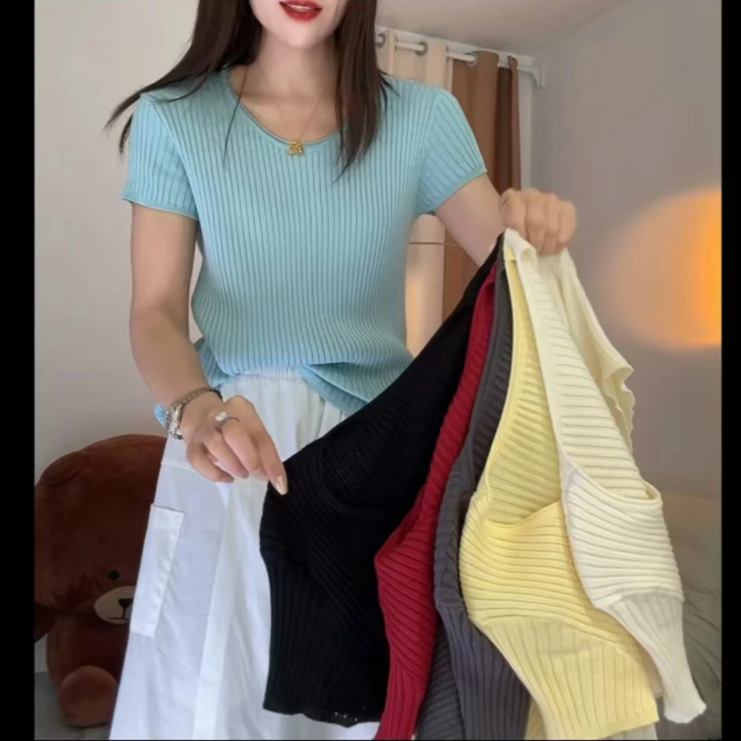 韩系简约鹅蛋领夏季女短袖毛针织衫百搭时尚纯色显瘦气质宽松