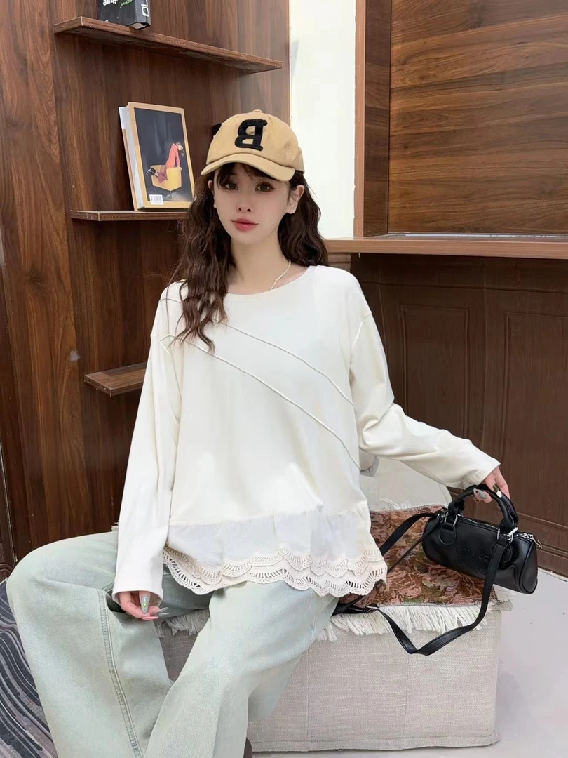 简约设计款圆领长袖拼接T恤女春款新款百搭显瘦上衣