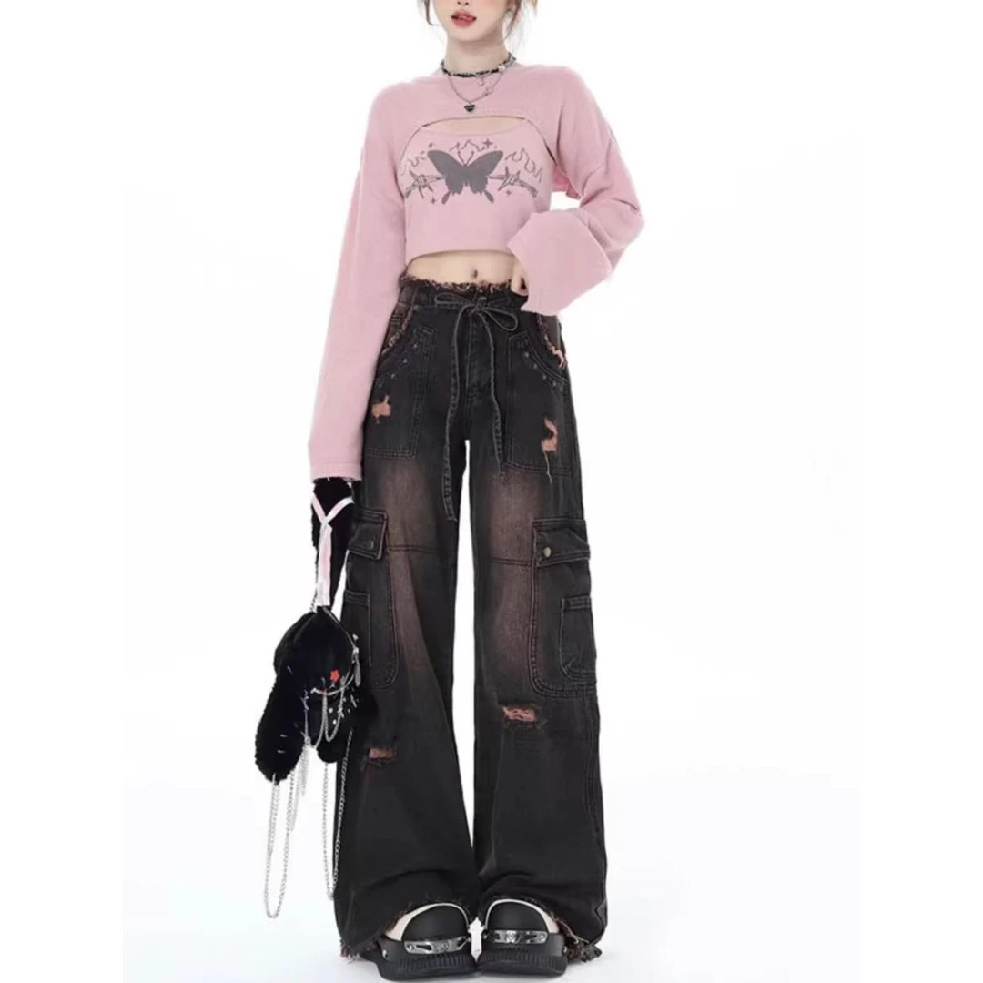 春秋做旧工装牛仔裤女简约欧美高街复古高街宽松显瘦直筒阔腿裤子