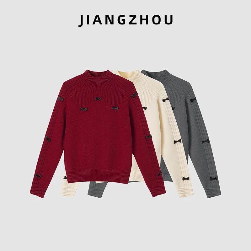 江洲【蝶恋】秋冬新款保暖显白时尚甜美撞色蝴蝶结加厚羊毛套头毛衣