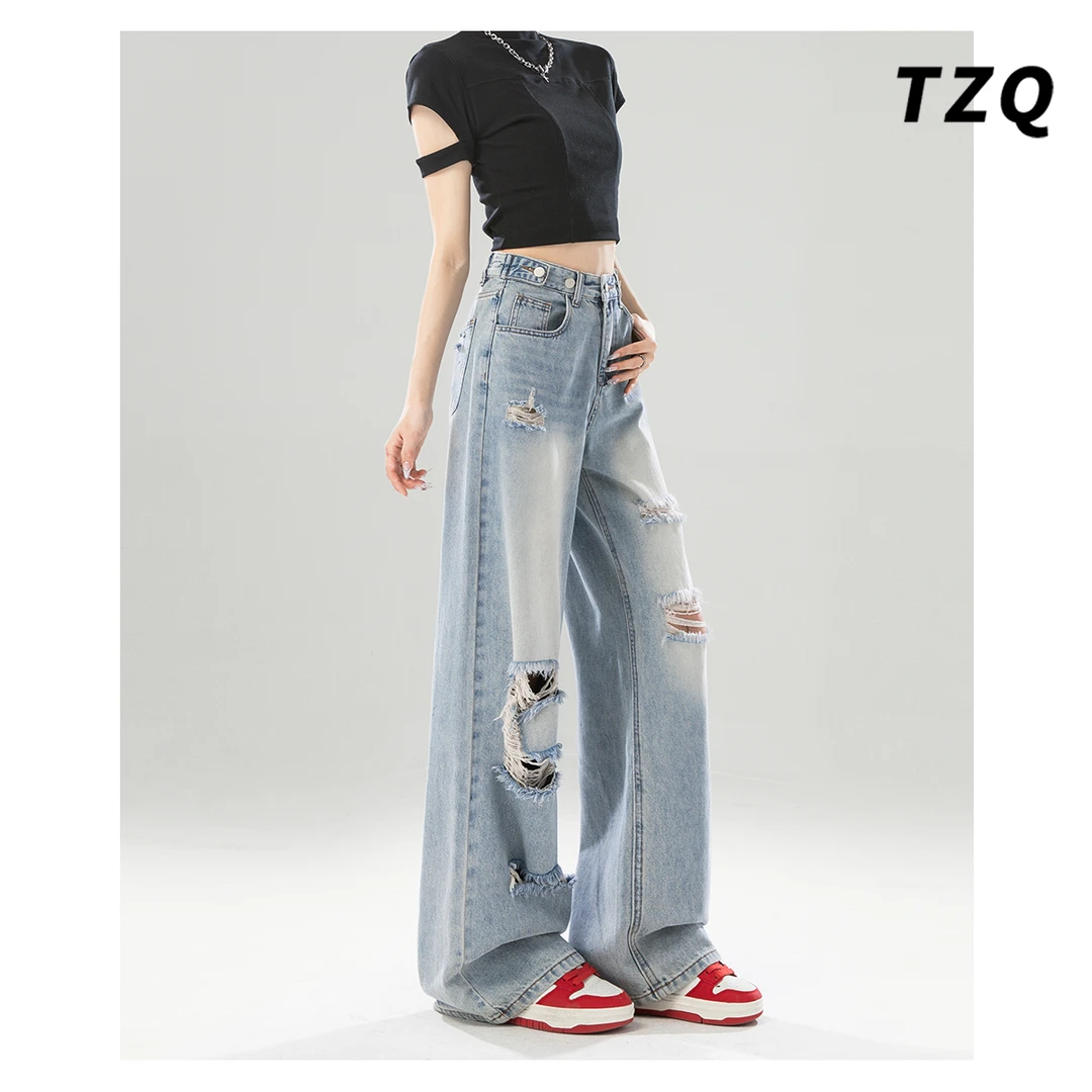 美式破洞牛仔裤女爆款2025新款高腰宽松垂感美式阔腿裤TZQ2521969