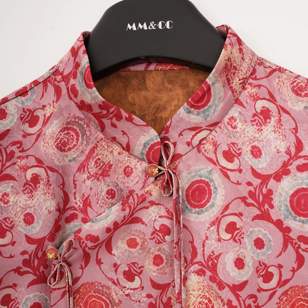 【嫣红】新中式国风立领斜开襟三盘扣长流苏气质提花上衣MCGSY0915