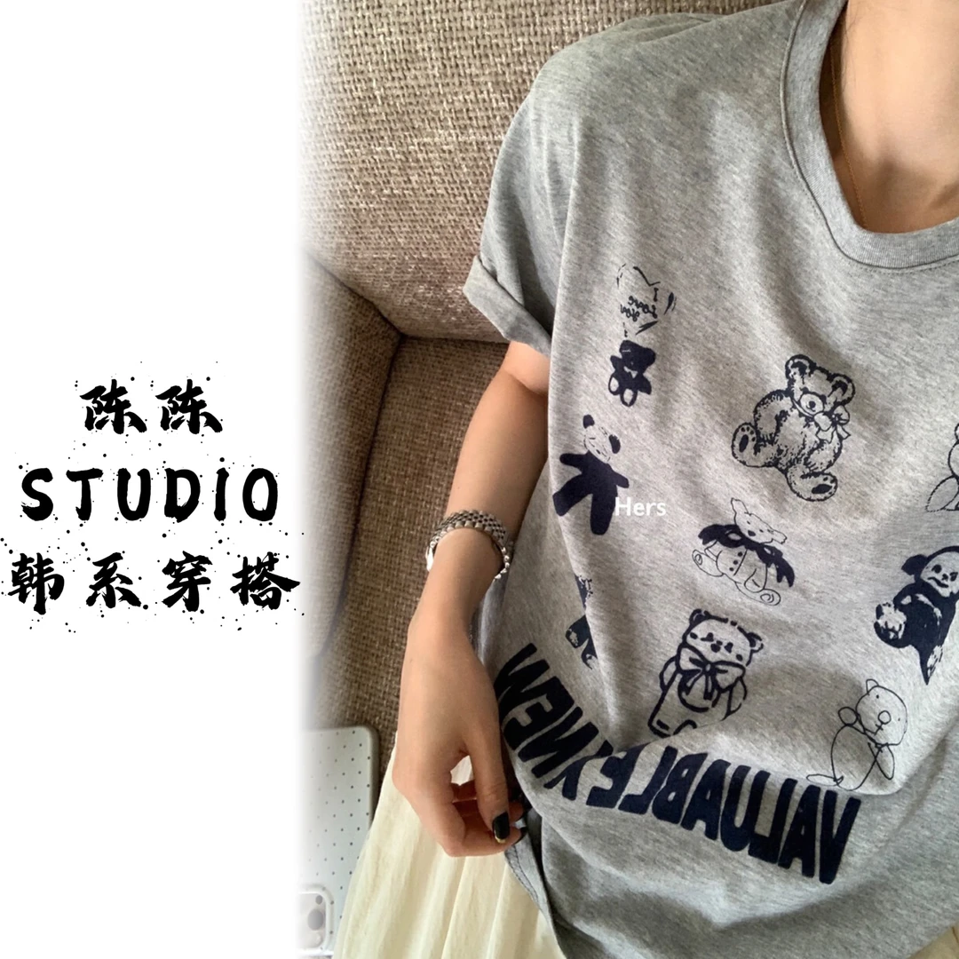 夏上新日常简约博主调性休闲慵懒小熊短袖T恤美式韩版卡通ins灰色