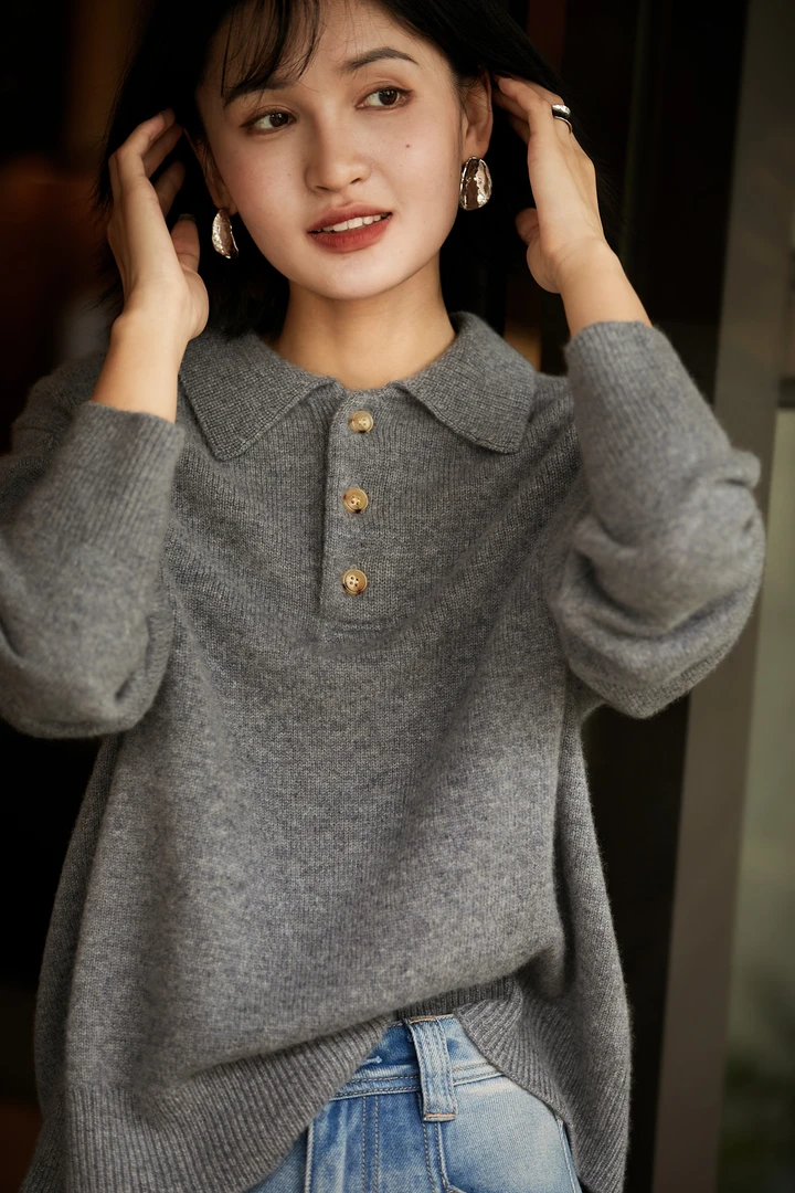 羊毛亲肤糯感polo领宽松针织衫上衣新款牦牛绒