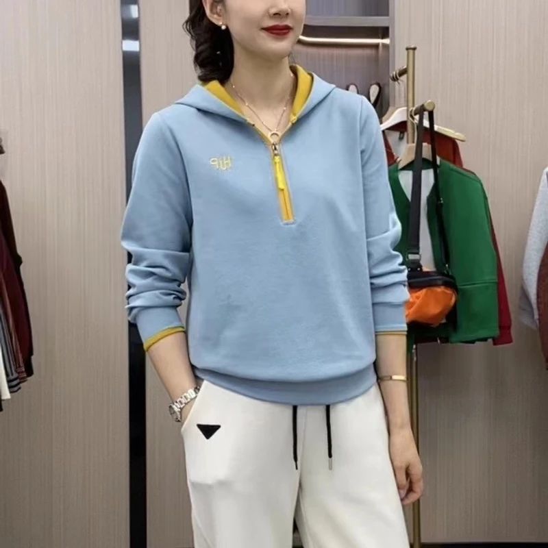 （运费险）2025春款半拉拼色链连帽时尚洋气女士卫衣春秋休闲显瘦