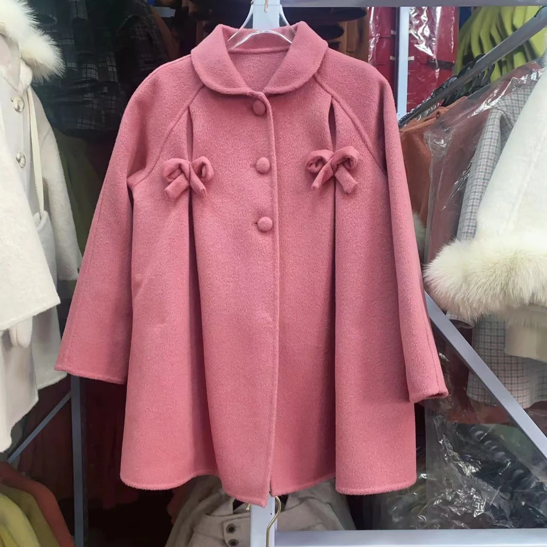 娃娃领火龙果蝴蝶结童装双面羊毛大衣洋气W22074