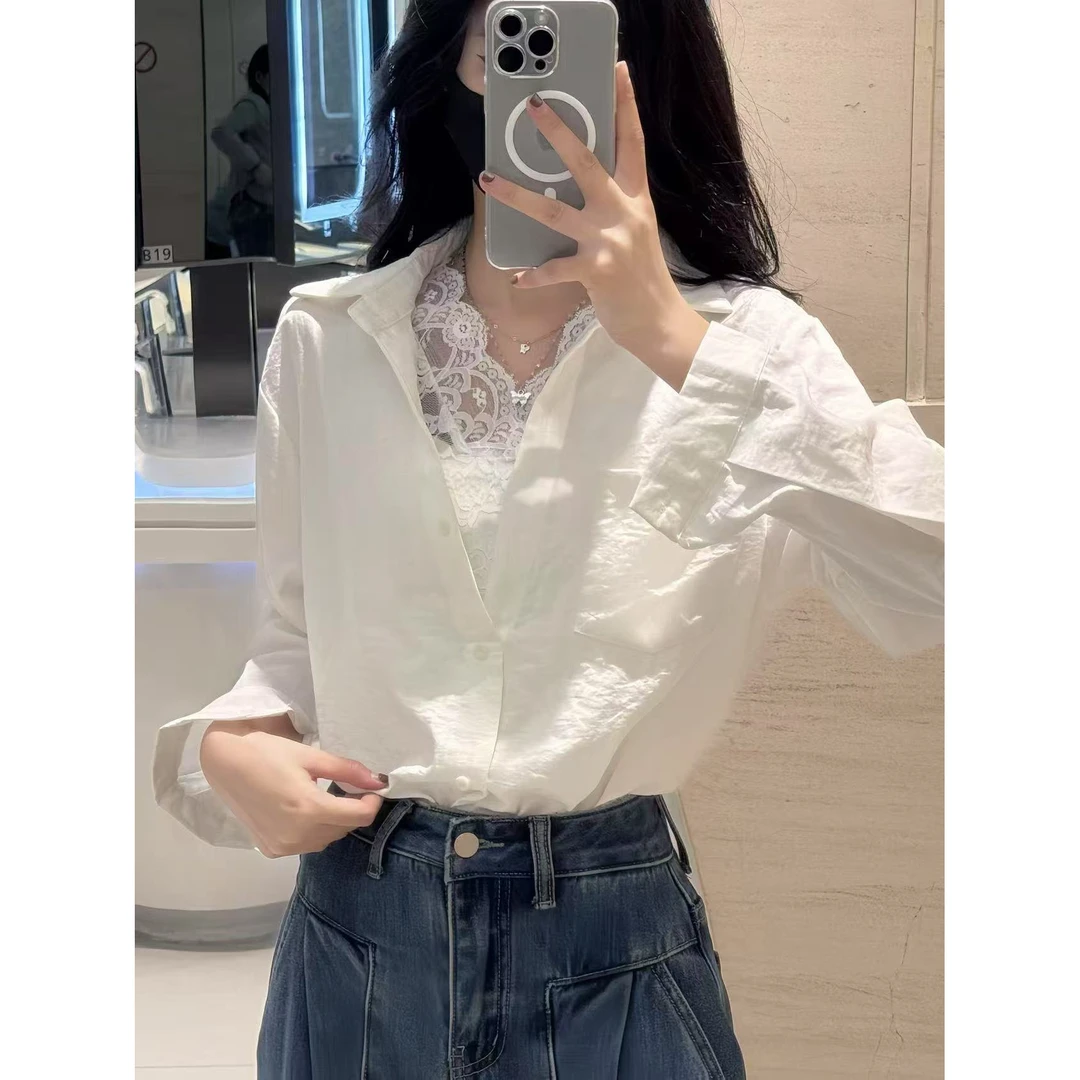 1020衬衫+蕾丝内搭（真两件）女长袖衬衣翻领开衫上衣蕾丝内搭XU