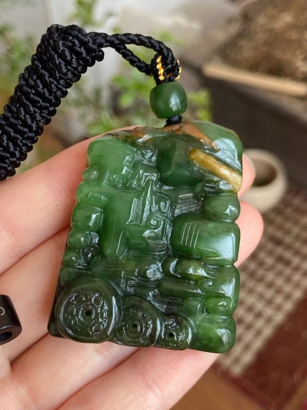 和田玉俏色巧雕防古建筑秦砖汉瓦挂件随形复古纯色绿色玉坠吊坠