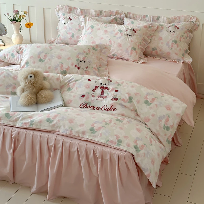 可爱卡通纯棉床上四件套全棉加厚儿童公主风床裙床单被套三件套4