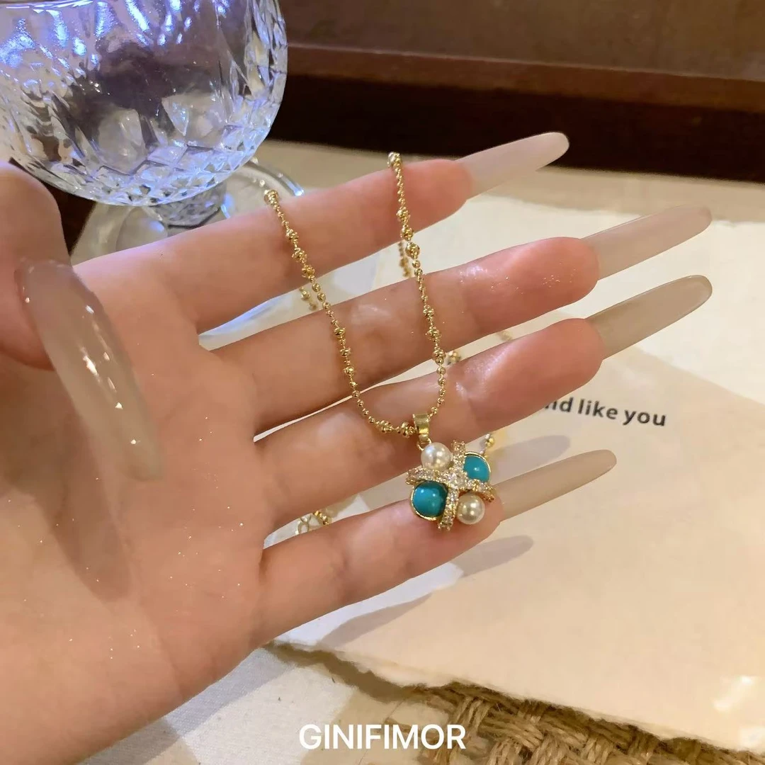 GINIFIMOR 铜合金项链 a706 绿松色四叶花仿珍珠微镶锆石项链