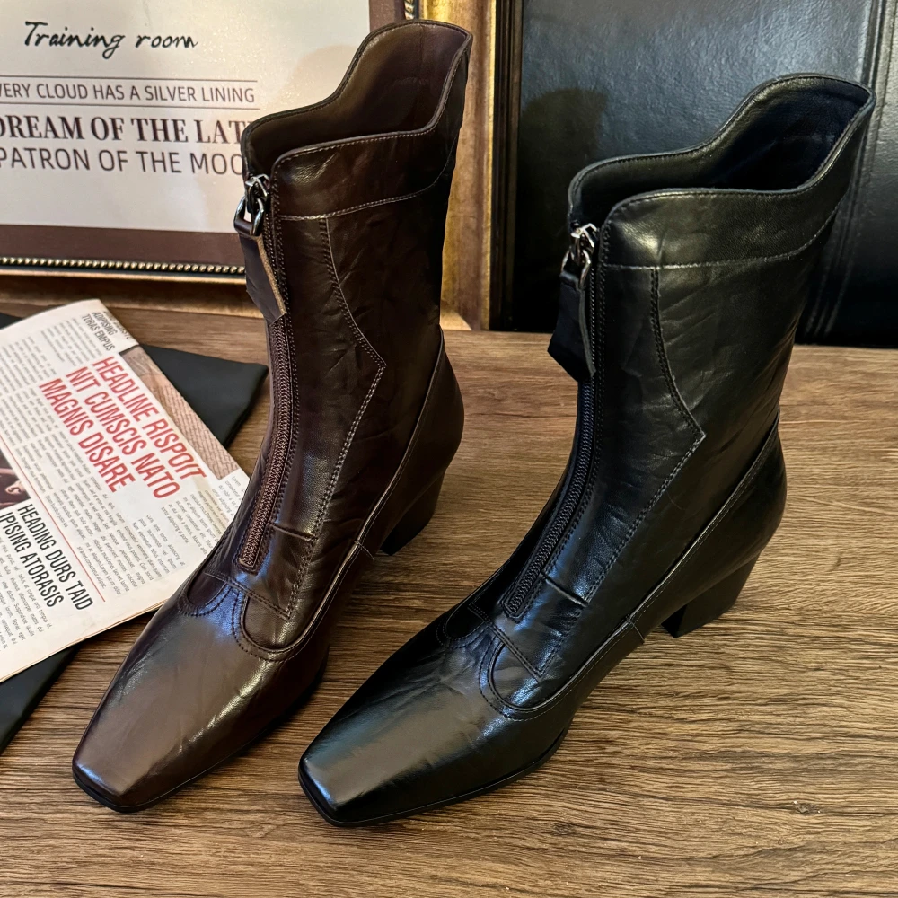 高跟版中筒靴2025新款粗跟中跟大码女鞋靴子复古中靴加绒2066-25