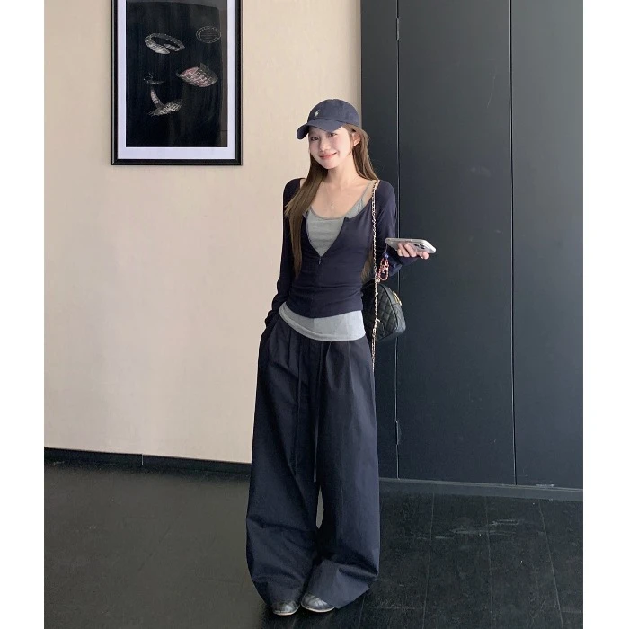 休闲套装慵懒风撞色长袖拉链开衫吊带背心女秋季高腰阔腿裤三件套