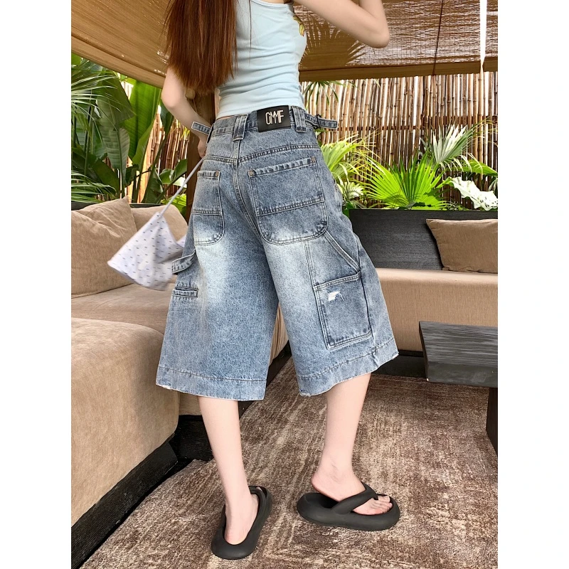 蓝色复古牛仔短裤女夏季美式做旧水洗宽松显瘦大码休闲中裤七分裤