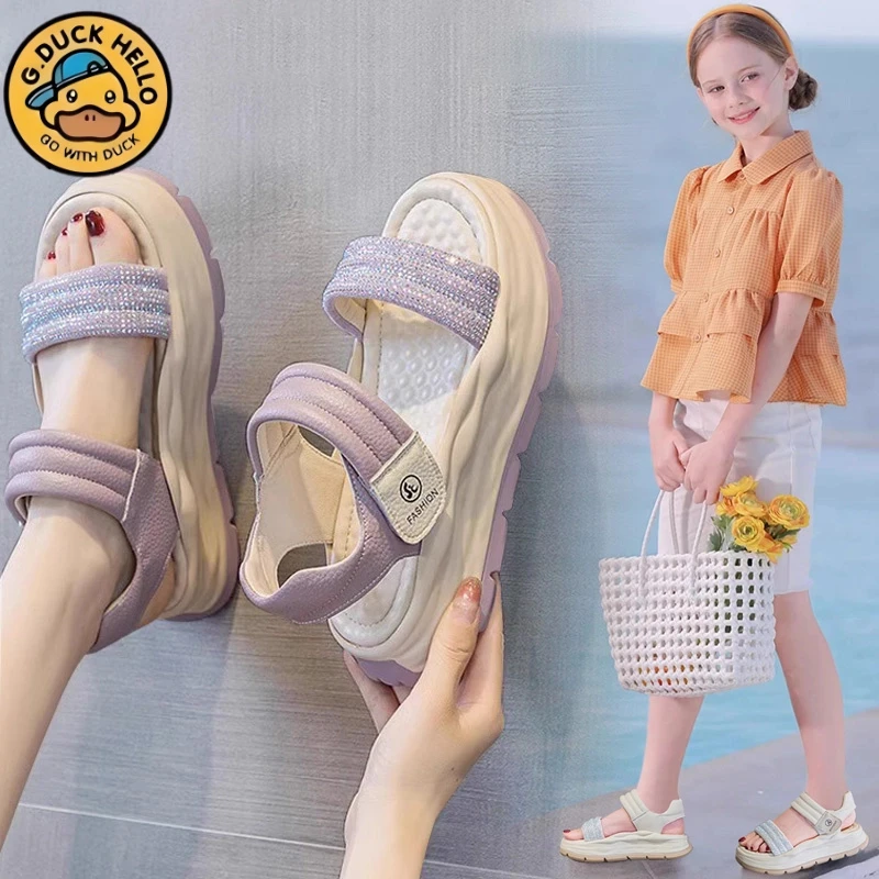 小黄鸭女童凉鞋2025夏季新款儿童沙滩鞋中大童增高软底学生运动鞋