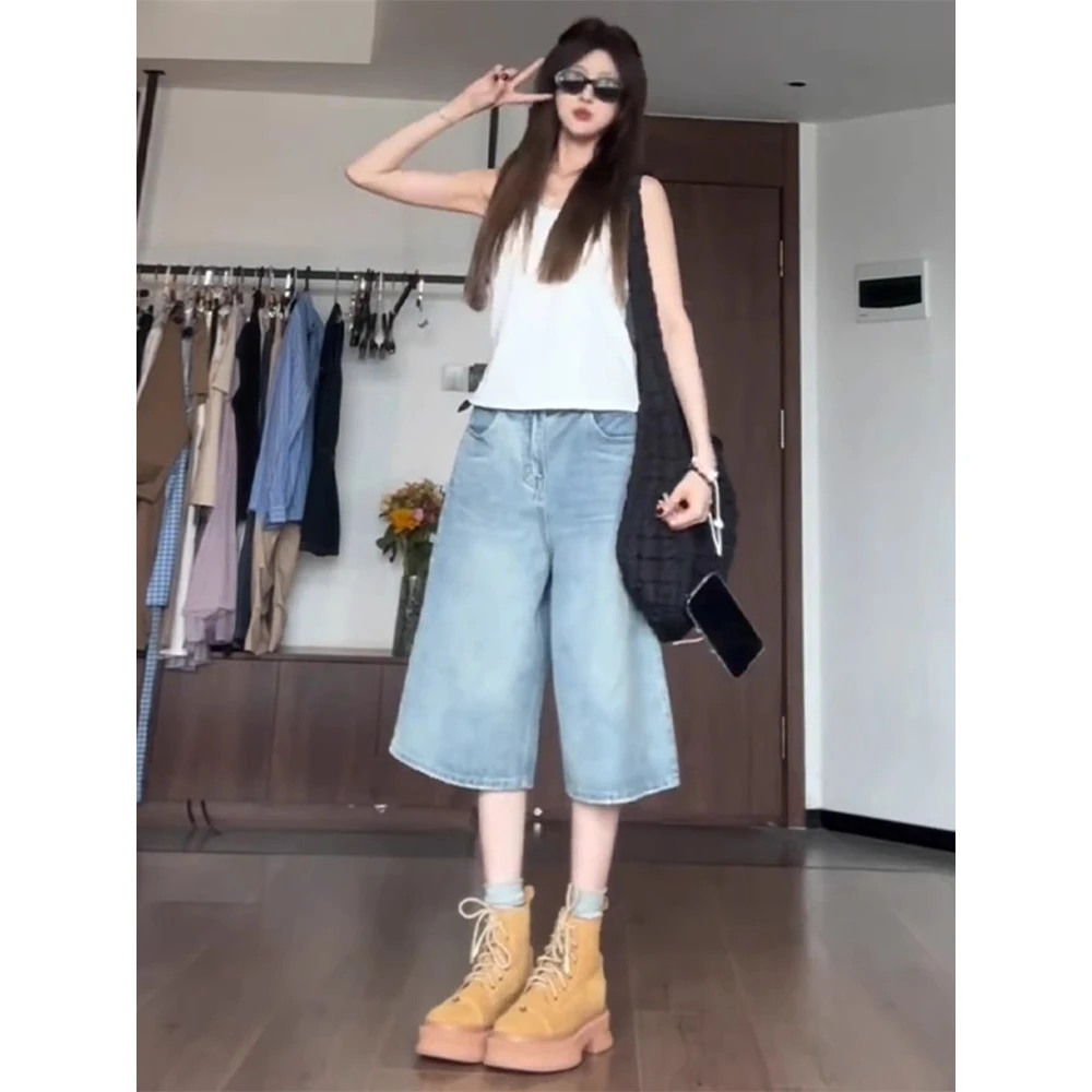 浅蓝色七分牛仔短裤女夏季薄款直筒宽松高腰显瘦百搭中裤7分裤子