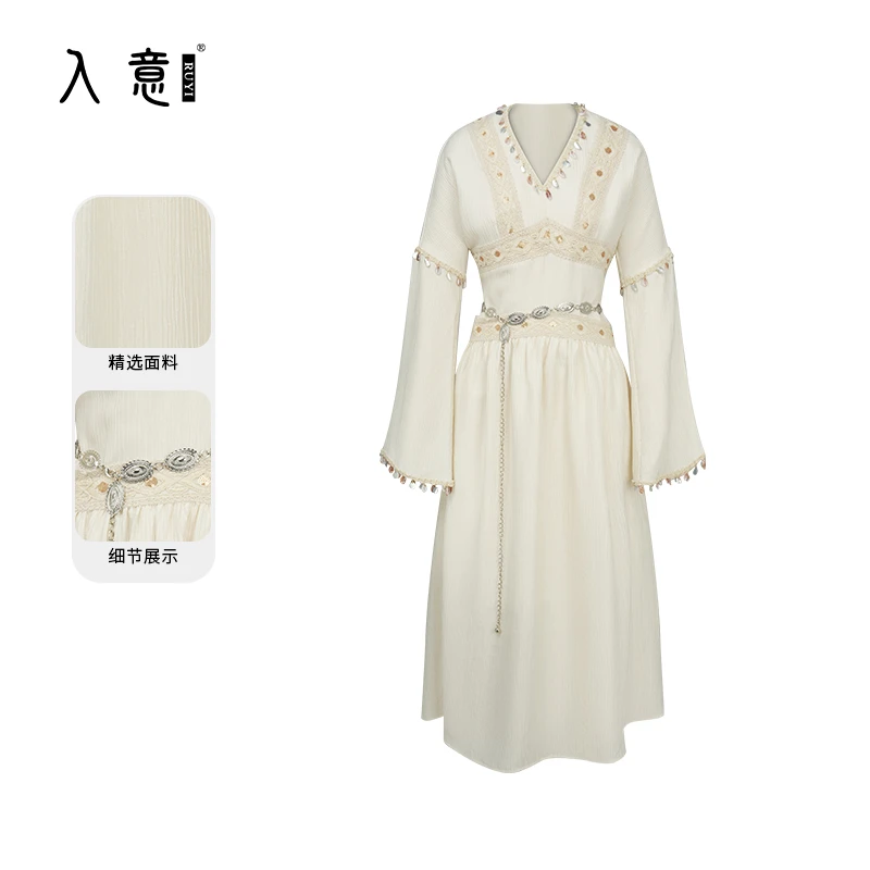 【入意】~2025春季新款米白色长袖V领收腰连衣裙女中长裙CNH000677