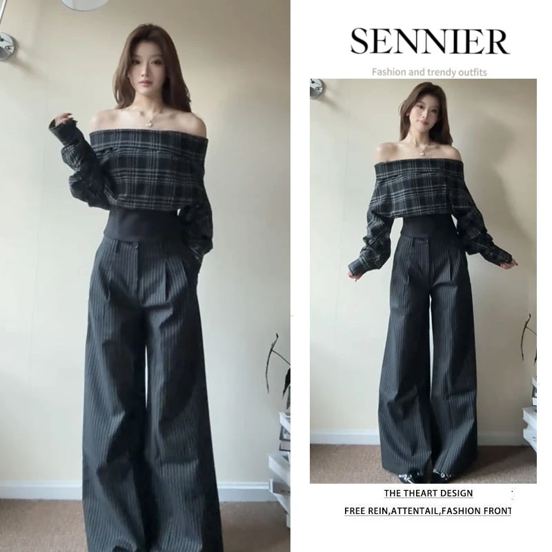 今年流行穿搭女2025早秋新款小众洋气格纹露肩长袖阔腿裤两件套装