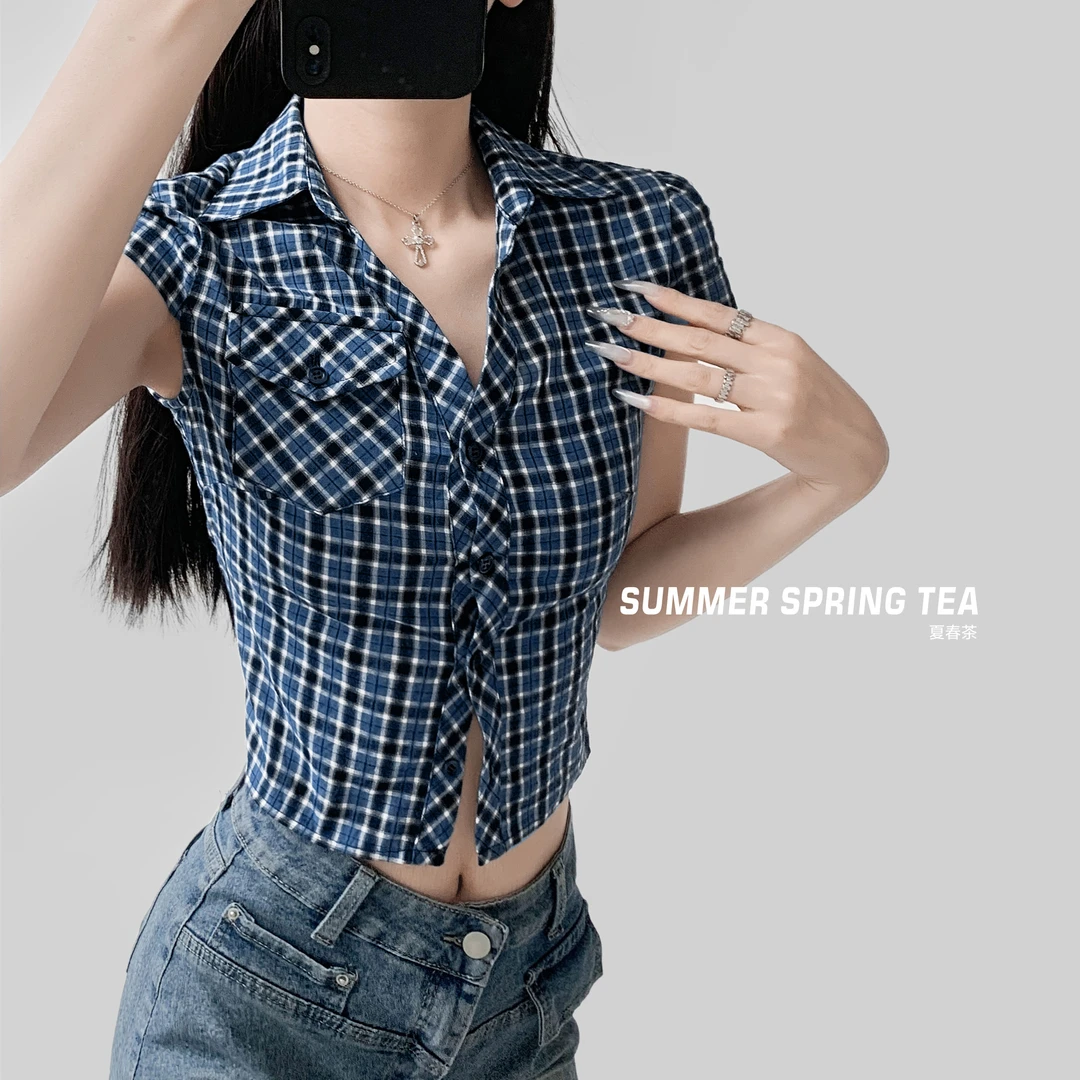 【夏春茶】显白格子调 美式辣妹格子衬衫夏季设计感收腰显瘦上衣