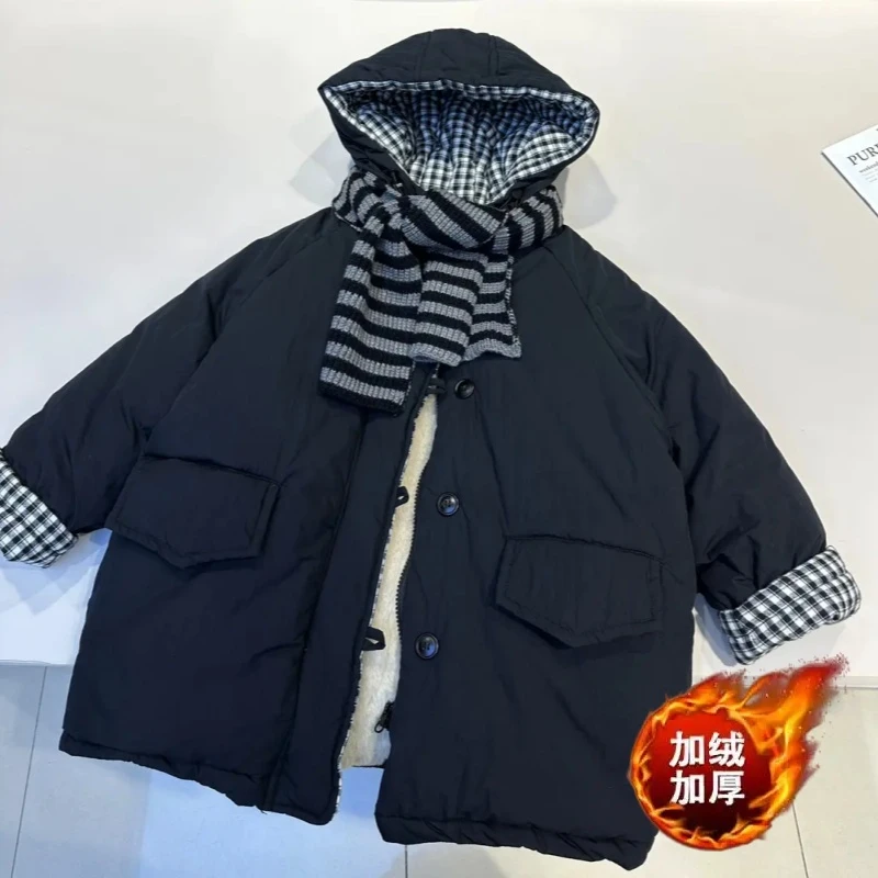 男女童中长款加绒棉服2025新款儿童格子拼接加绒加厚连帽棉衣潮款