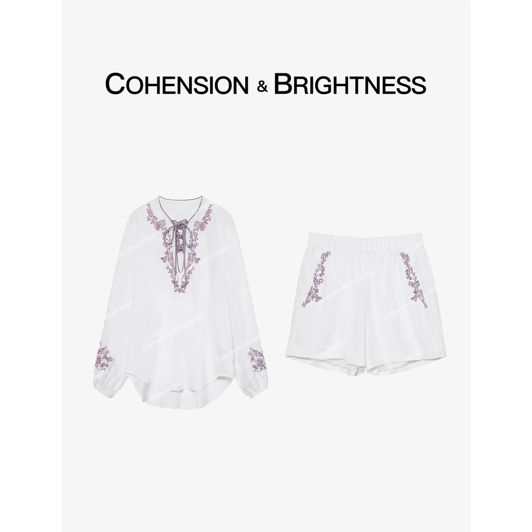 凝慧【紫鸢蝶情】春夏中国风刺绣新中式细带亚麻衬衫短裤套装TR153