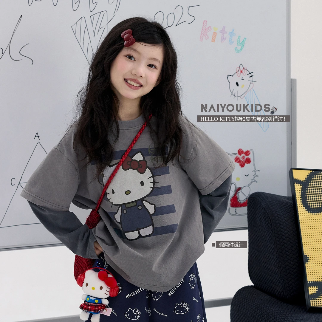 【这猫挺贵】女童2025春秋季儿童hello kitty假两件长袖T恤Y6623