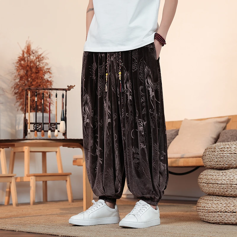 新中式金丝绒休闲裤男款秋冬季新款宽松大码高级感垂感灯笼阔腿裤