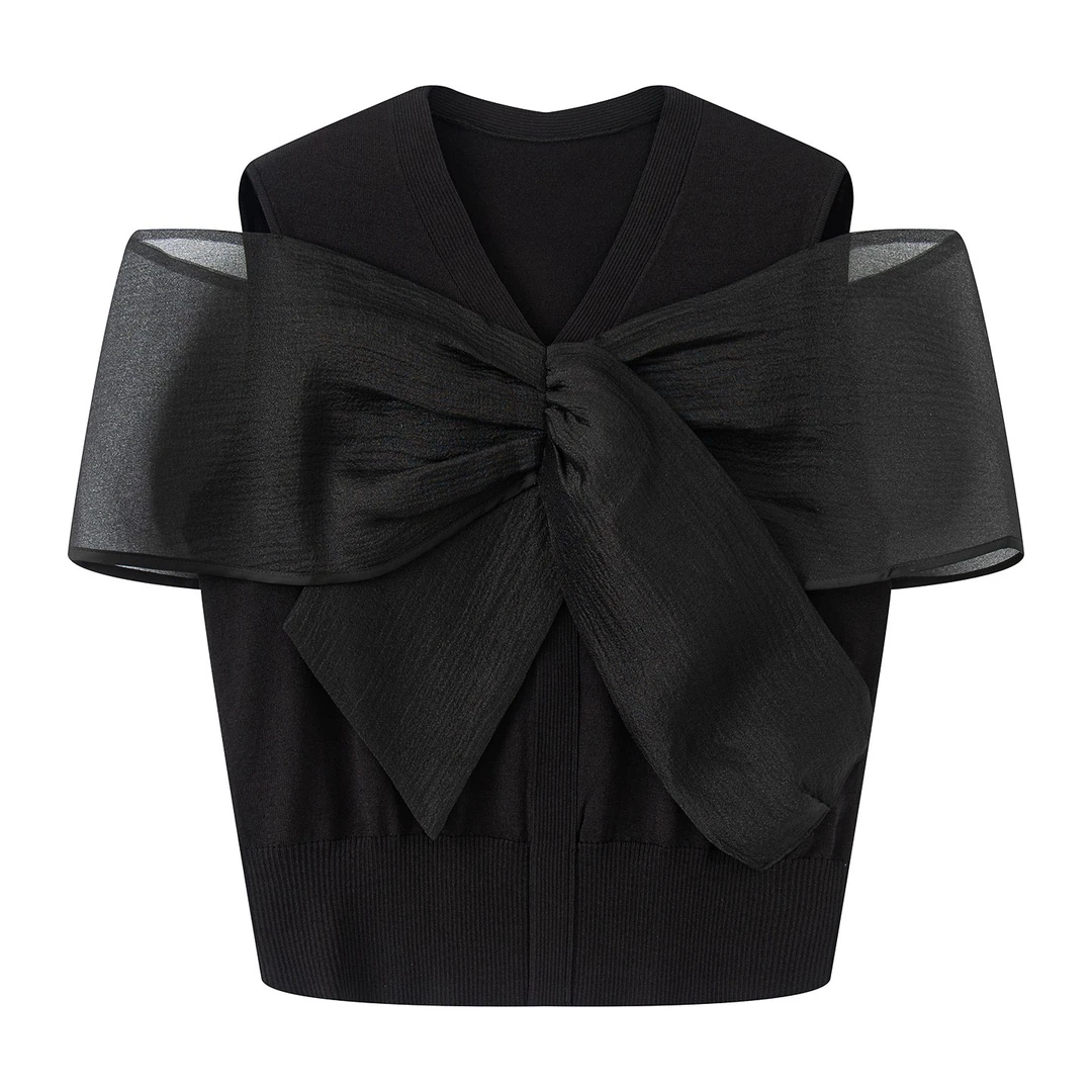 迪~同款2025夏季新款时尚百搭短袖蝴蝶结针织衫上衣女463676