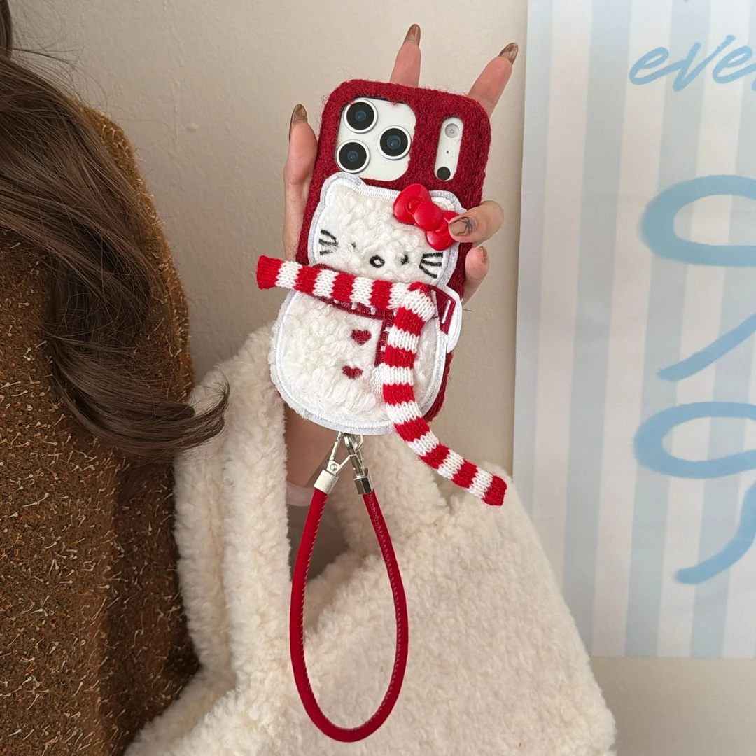 苹果|红色kitty猫雪人秋冬毛绒布ins韩适用iPhone17p可爱16手机壳