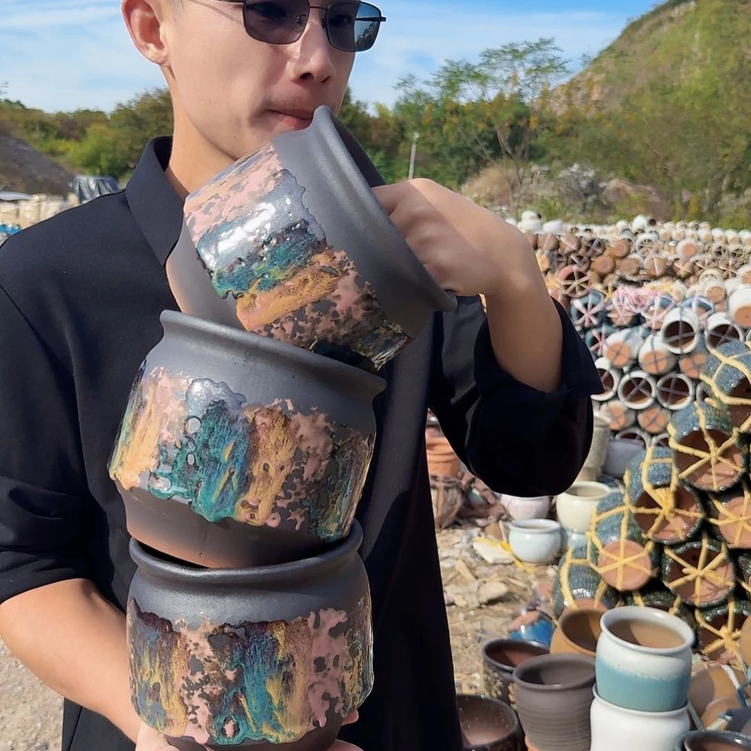 紫砂花盆口15高15（两个三个泼墨姹寂
