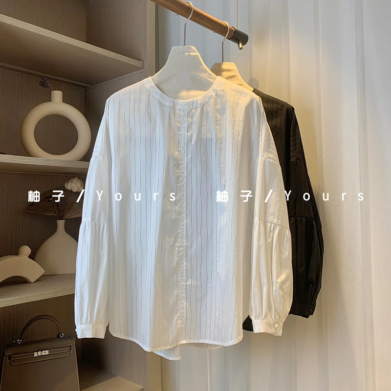 柚子yours【自由向风】春季新品韩系小众设计感清爽条纹休闲衬衫