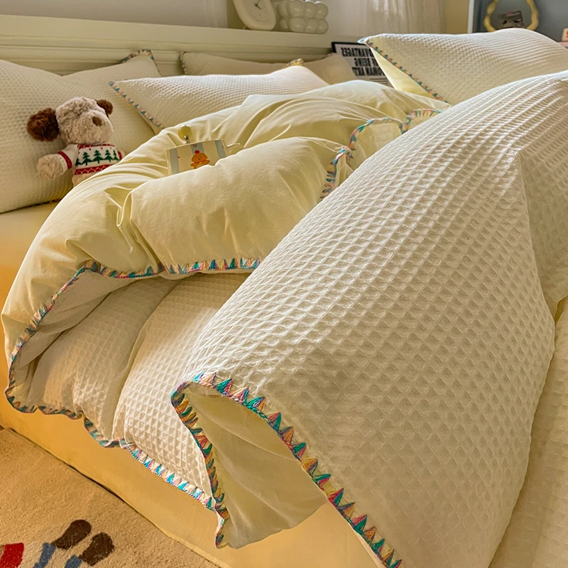 华夫格全棉四件套纯棉2025新款被套床单人家纺床上用品三件套家纺