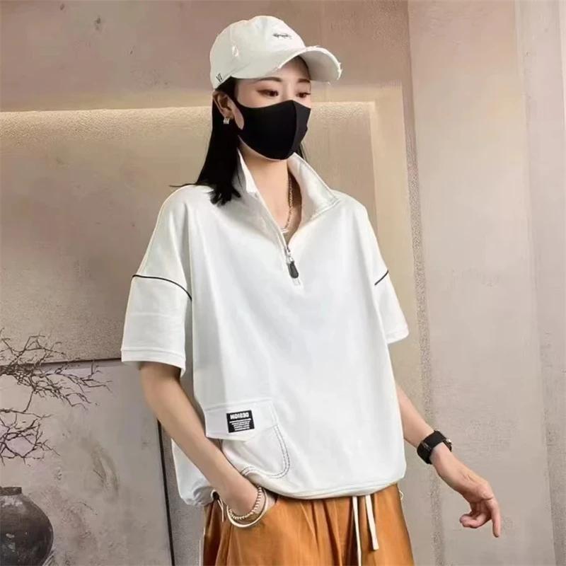 夏季新款短袖薄款时尚显瘦百搭立领宽松休闲女士卫衣