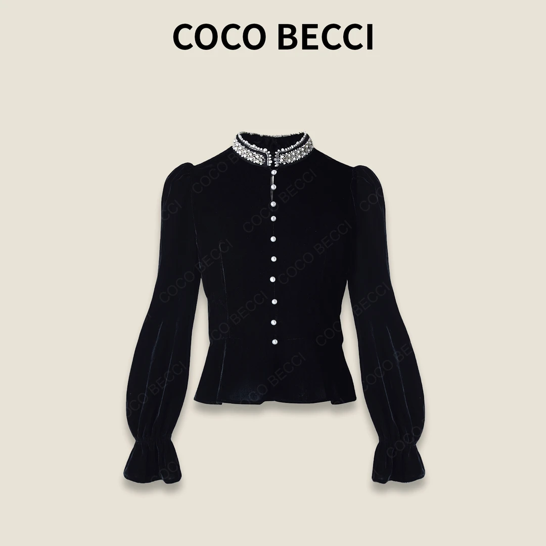 COCO BECCI【MIU系千金】黑色丝绒气质钉衬衫YT25YA000012