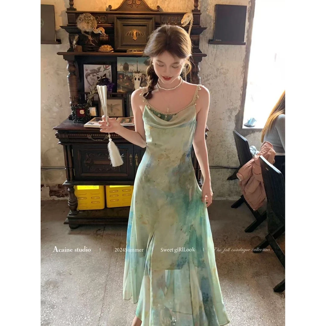 泼墨夏季鱼尾气质吊带只此收腰晕染连衣裙新款荡领度假长裙女坠感