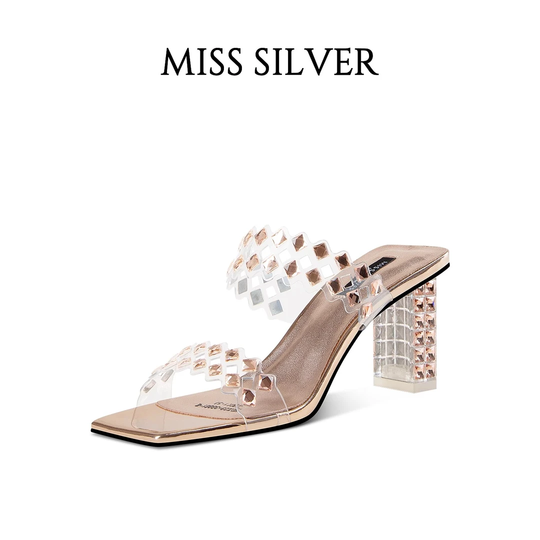 MISSSILVER水钻透明粗跟拖鞋女2024年夏季新款水晶跟露趾高跟凉鞋