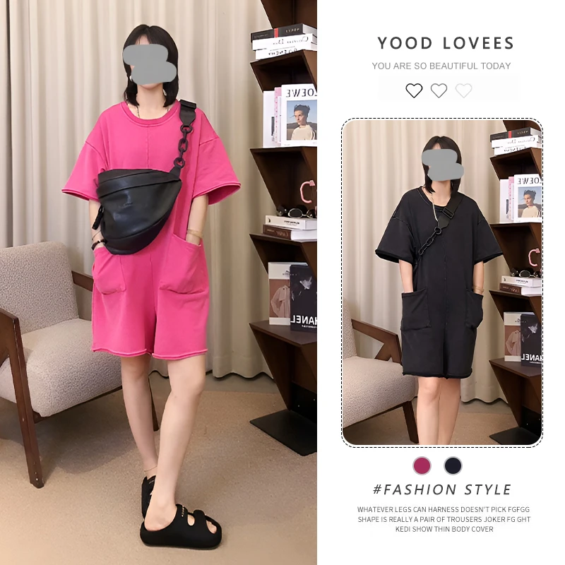 美式宽松纯色圆领短袖连体裤高端大气上档次夏休闲连衣裤短裤女潮