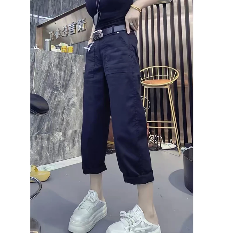 高腰显瘦休闲裤女2025夏季薄款大码胖mm洋气百搭宽松八分直筒裤子