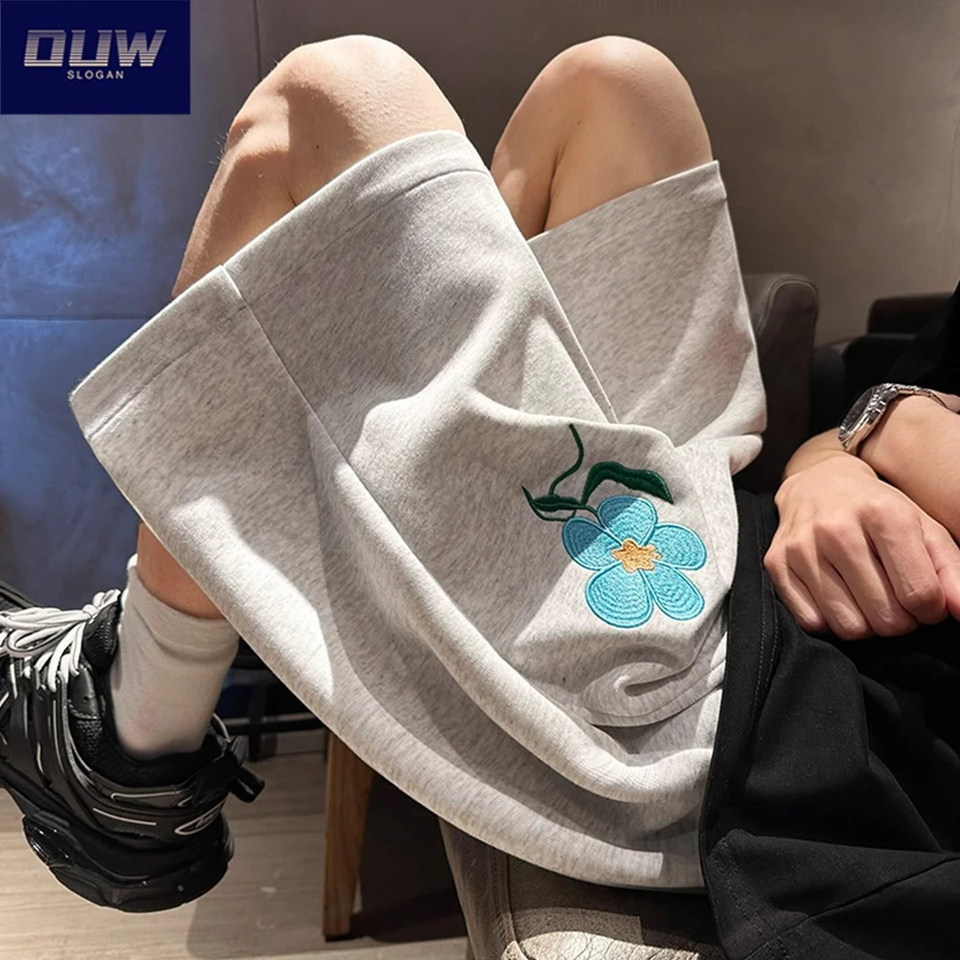 O.U.W刺绣纯棉短裤男款夏外穿高级感宽松中裤青少年运动五分卫裤