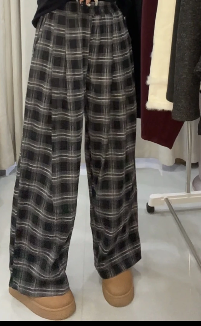 秋季格子裤女宽松直筒休闲裤显瘦高腰百搭