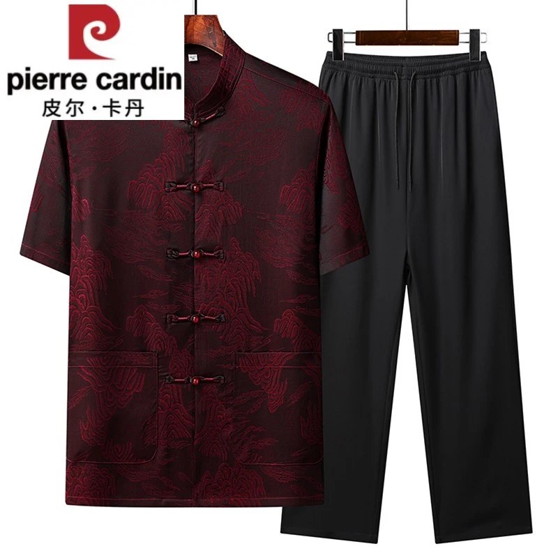 皮尔卡丹夏季男士国风新中式唐装套装立领印花短袖T恤长裤子两件